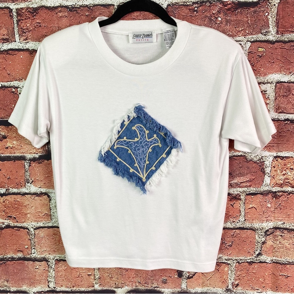 Vintage White Tee Denim Appliqué with Fringe Med